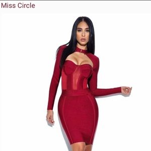 Burgundy high neck bustier bandage midi dress